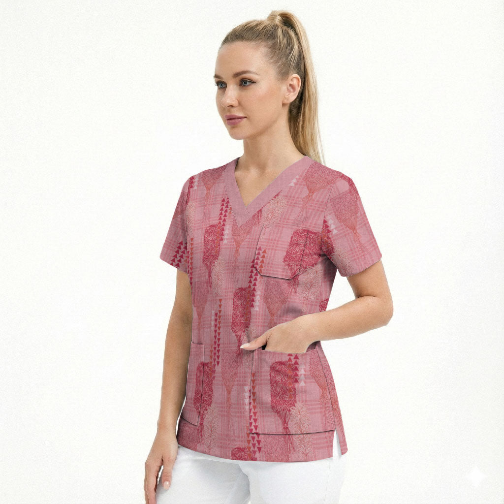 Aloha Hawaii Vintage Kahili Pa'a Lima Scrub Top Palaka Print Berry Pink