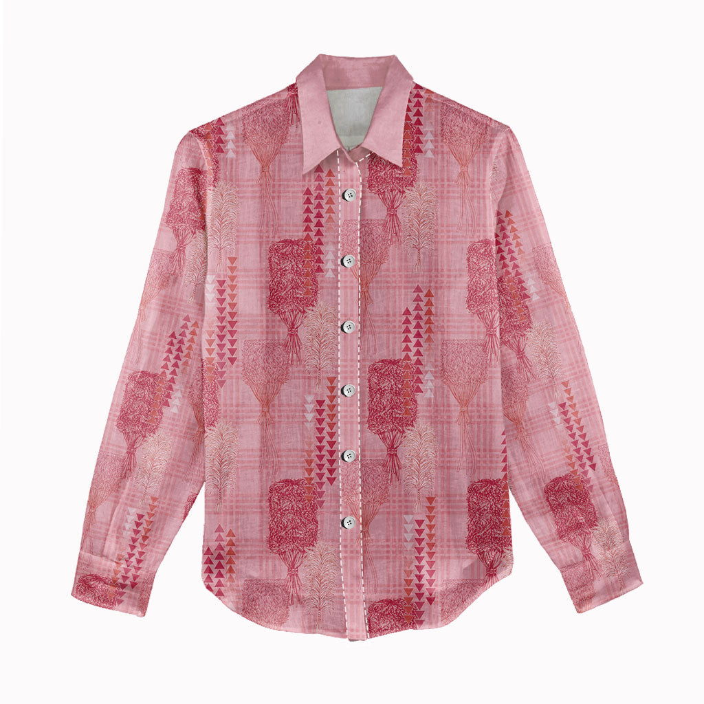 Aloha Hawaii Vintage Kahili Pa'a Lima Women Casual Shirt Palaka Print Berry Pink
