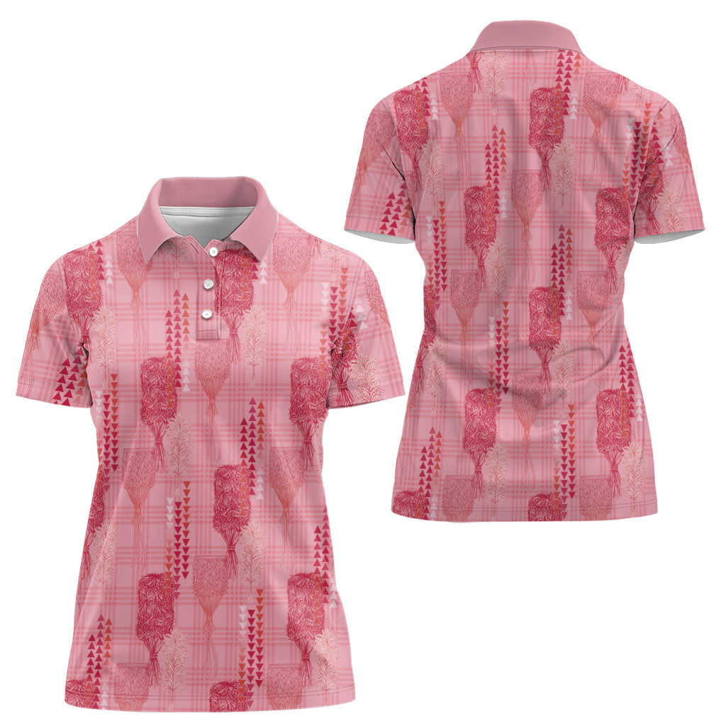 Aloha Hawaii Vintage Kahili Pa'a Lima Women Polo Shirt Palaka Print Berry Pink