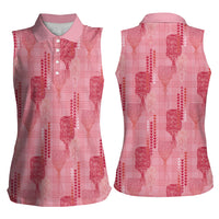 Aloha Hawaii Vintage Kahili Pa'a Lima Women Sleeveless Polo Shirt Palaka Print Berry Pink