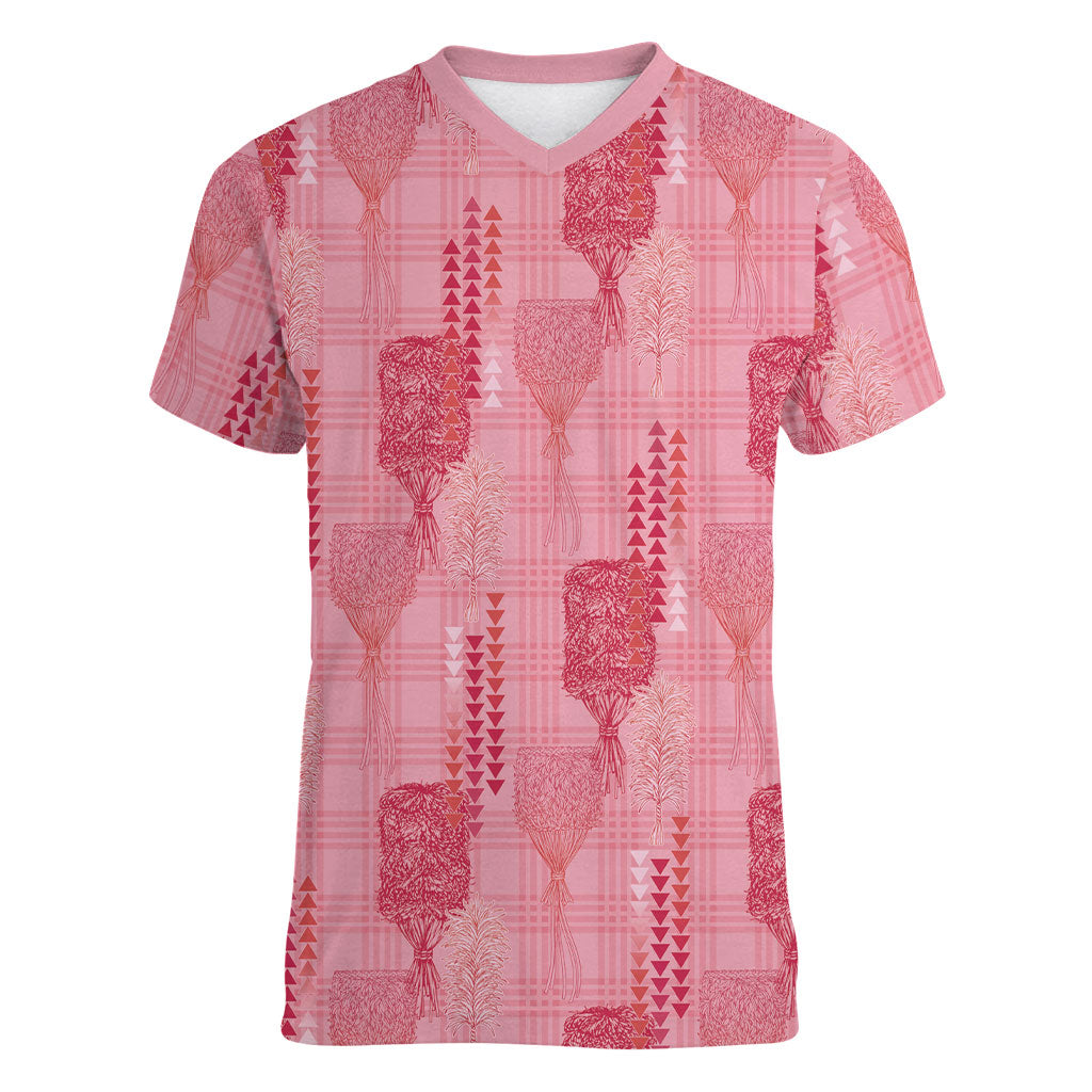 Aloha Hawaii Vintage Kahili Pa'a Lima Women V-Neck T-Shirt Palaka Print Berry Pink