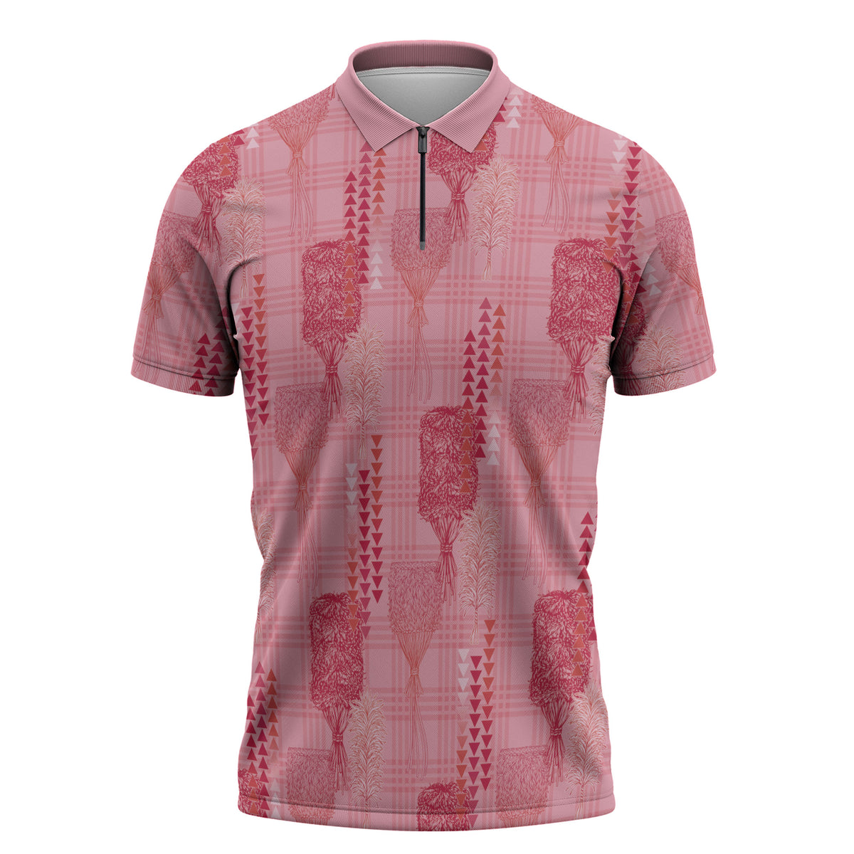 Aloha Hawaii Vintage Kahili Pa'a Lima Zipper Polo Shirt Palaka Print Berry Pink