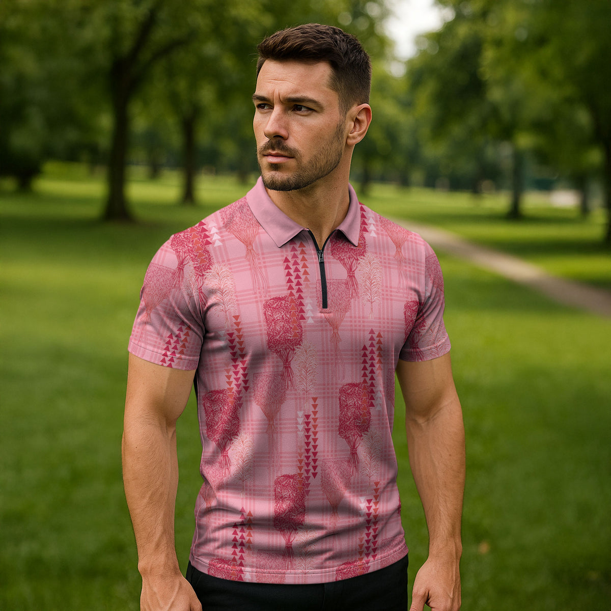 Aloha Hawaii Vintage Kahili Pa'a Lima Zipper Polo Shirt Palaka Print Berry Pink