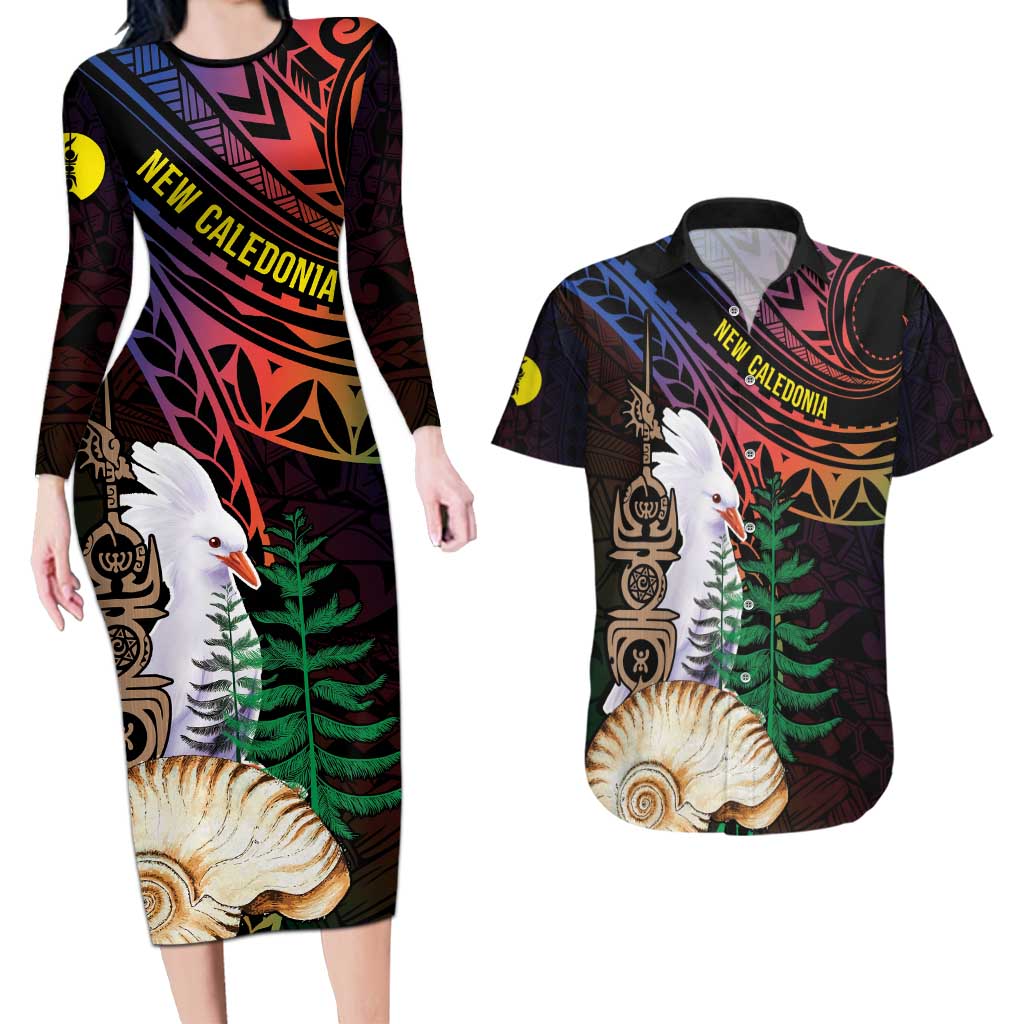 New Caledonia Kanaky Personalized Couples Matching Long Sleeve Bodycon Dress and Hawaiian Shirt Kagu Bird Emblem LT7 Black - Polynesian Pride