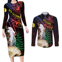 New Caledonia Kanaky Personalized Couples Matching Long Sleeve Bodycon Dress and Long Sleeve Button Shirt Kagu Bird Emblem LT7 Black - Polynesian Pride