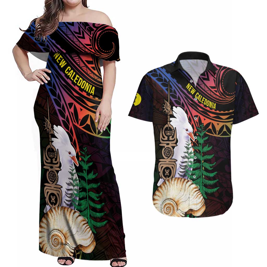 New Caledonia Kanaky Personalized Couples Matching Off Shoulder Maxi Dress and Hawaiian Shirt Kagu Bird Emblem LT7 Black - Polynesian Pride