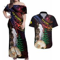 New Caledonia Kanaky Personalized Couples Matching Off Shoulder Maxi Dress and Hawaiian Shirt Kagu Bird Emblem LT7 Black - Polynesian Pride