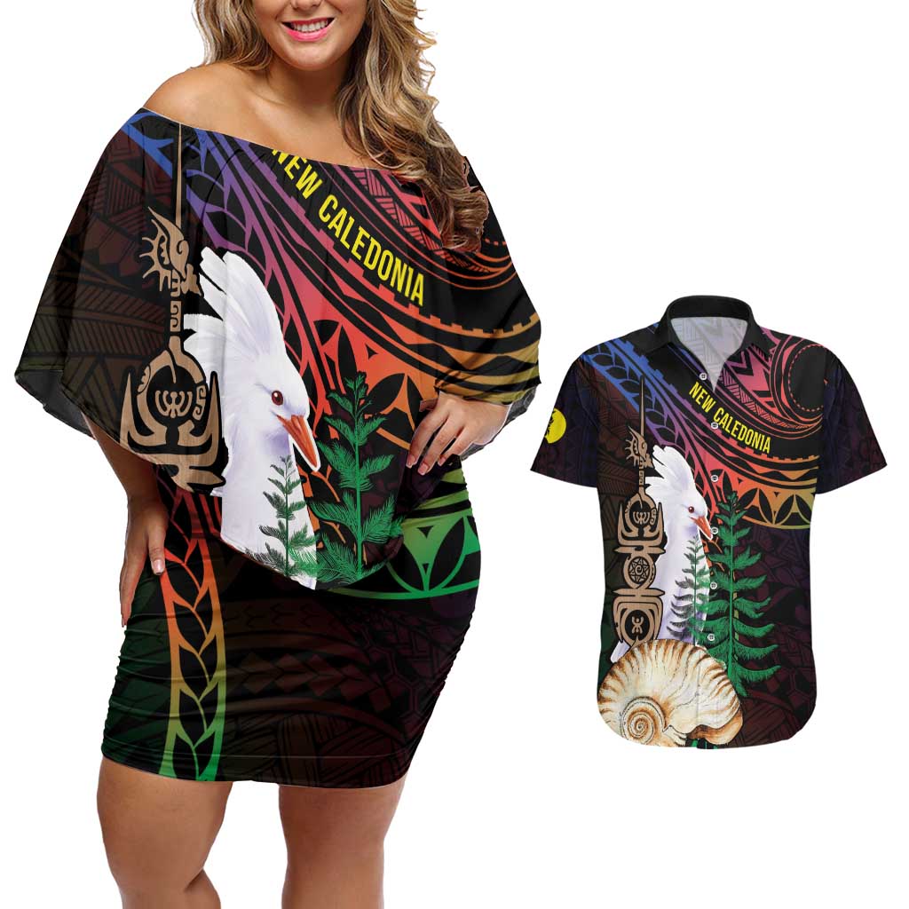 New Caledonia Kanaky Personalized Couples Matching Off Shoulder Short Dress and Hawaiian Shirt Kagu Bird Emblem LT7 Black - Polynesian Pride