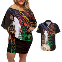 New Caledonia Kanaky Personalized Couples Matching Off Shoulder Short Dress and Hawaiian Shirt Kagu Bird Emblem LT7 Black - Polynesian Pride