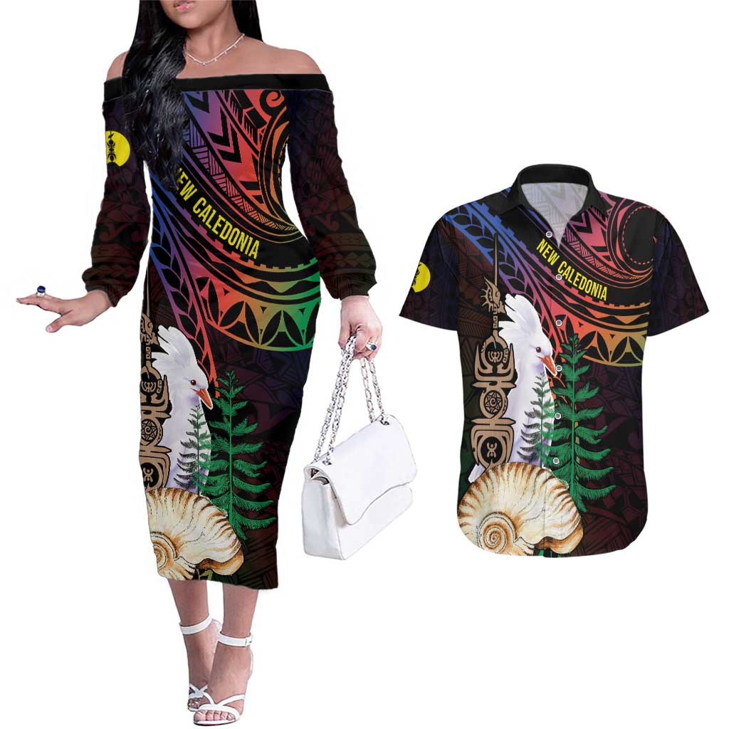 New Caledonia Kanaky Personalized Couples Matching Off The Shoulder Long Sleeve Dress and Hawaiian Shirt Kagu Bird Emblem LT7 Black - Polynesian Pride