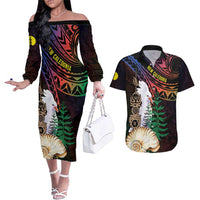 New Caledonia Kanaky Personalized Couples Matching Off The Shoulder Long Sleeve Dress and Hawaiian Shirt Kagu Bird Emblem LT7 Black - Polynesian Pride