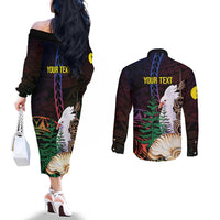New Caledonia Kanaky Personalized Couples Matching Off The Shoulder Long Sleeve Dress and Long Sleeve Button Shirt Kagu Bird Emblem LT7 - Polynesian Pride