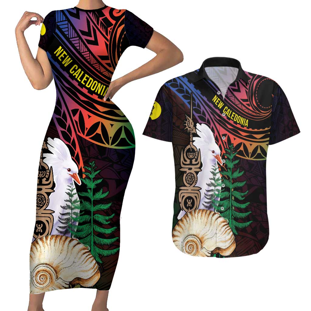 New Caledonia Kanaky Personalized Couples Matching Short Sleeve Bodycon Dress and Hawaiian Shirt Kagu Bird Emblem LT7 Black - Polynesian Pride