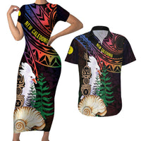 New Caledonia Kanaky Personalized Couples Matching Short Sleeve Bodycon Dress and Hawaiian Shirt Kagu Bird Emblem LT7 Black - Polynesian Pride