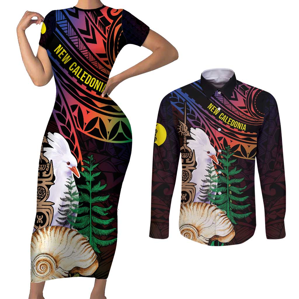 New Caledonia Kanaky Personalized Couples Matching Short Sleeve Bodycon Dress and Long Sleeve Button Shirt Kagu Bird Emblem LT7 Black - Polynesian Pride