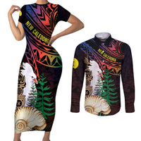 New Caledonia Kanaky Personalized Couples Matching Short Sleeve Bodycon Dress and Long Sleeve Button Shirt Kagu Bird Emblem LT7 Black - Polynesian Pride