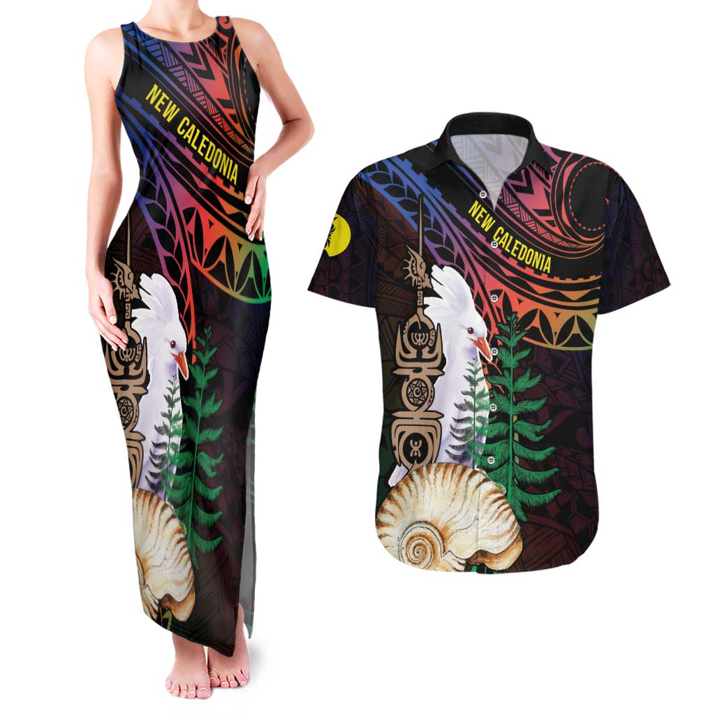 New Caledonia Kanaky Personalized Couples Matching Tank Maxi Dress and Hawaiian Shirt Kagu Bird Emblem LT7 Black - Polynesian Pride