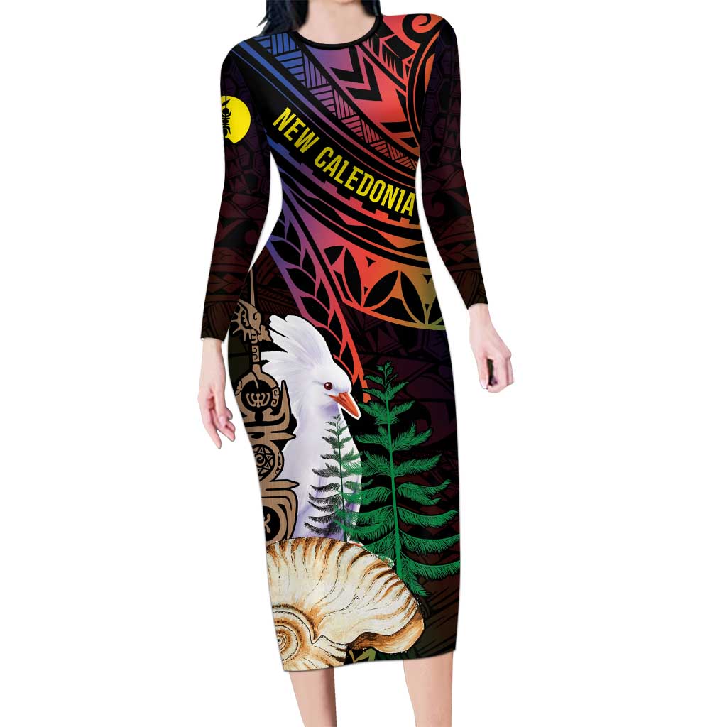 New Caledonia Kanaky Personalized Family Matching Long Sleeve Bodycon Dress and Hawaiian Shirt Kagu Bird Emblem LT7 Mom's Dress Black - Polynesian Pride