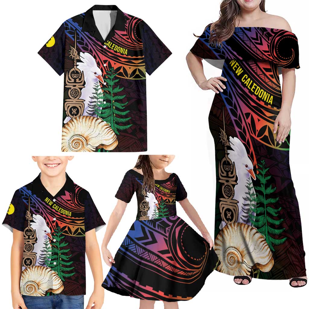 New Caledonia Kanaky Personalized Family Matching Off Shoulder Maxi Dress and Hawaiian Shirt Kagu Bird Emblem LT7 - Polynesian Pride
