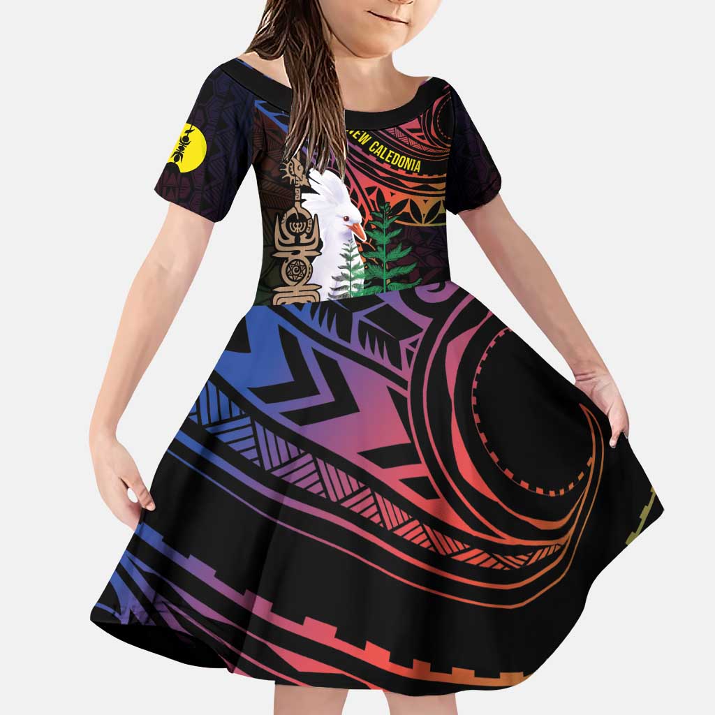 New Caledonia Kanaky Personalized Family Matching Puletasi and Hawaiian Shirt Kagu Bird Emblem LT7 Daughter's Dress Black - Polynesian Pride
