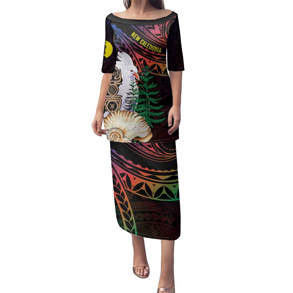 New Caledonia Kanaky Personalized Family Matching Puletasi and Hawaiian Shirt Kagu Bird Emblem LT7 Mom's Dress Black - Polynesian Pride