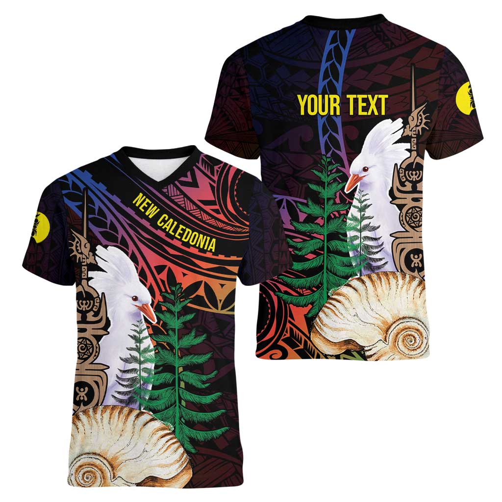 New Caledonia Kanaky Personalized Women V-Neck T-Shirt Kagu Bird Emblem - Polynesian Pride