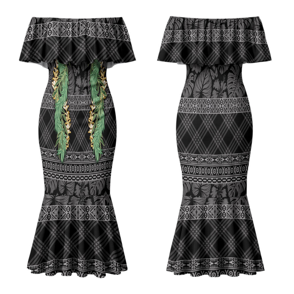 Hawai'i Paniolo Maile Twisted Lei Couples Matching Mermaid Dress and Hawaiian Shirt Obsidian Black LT7 - Polynesian Pride