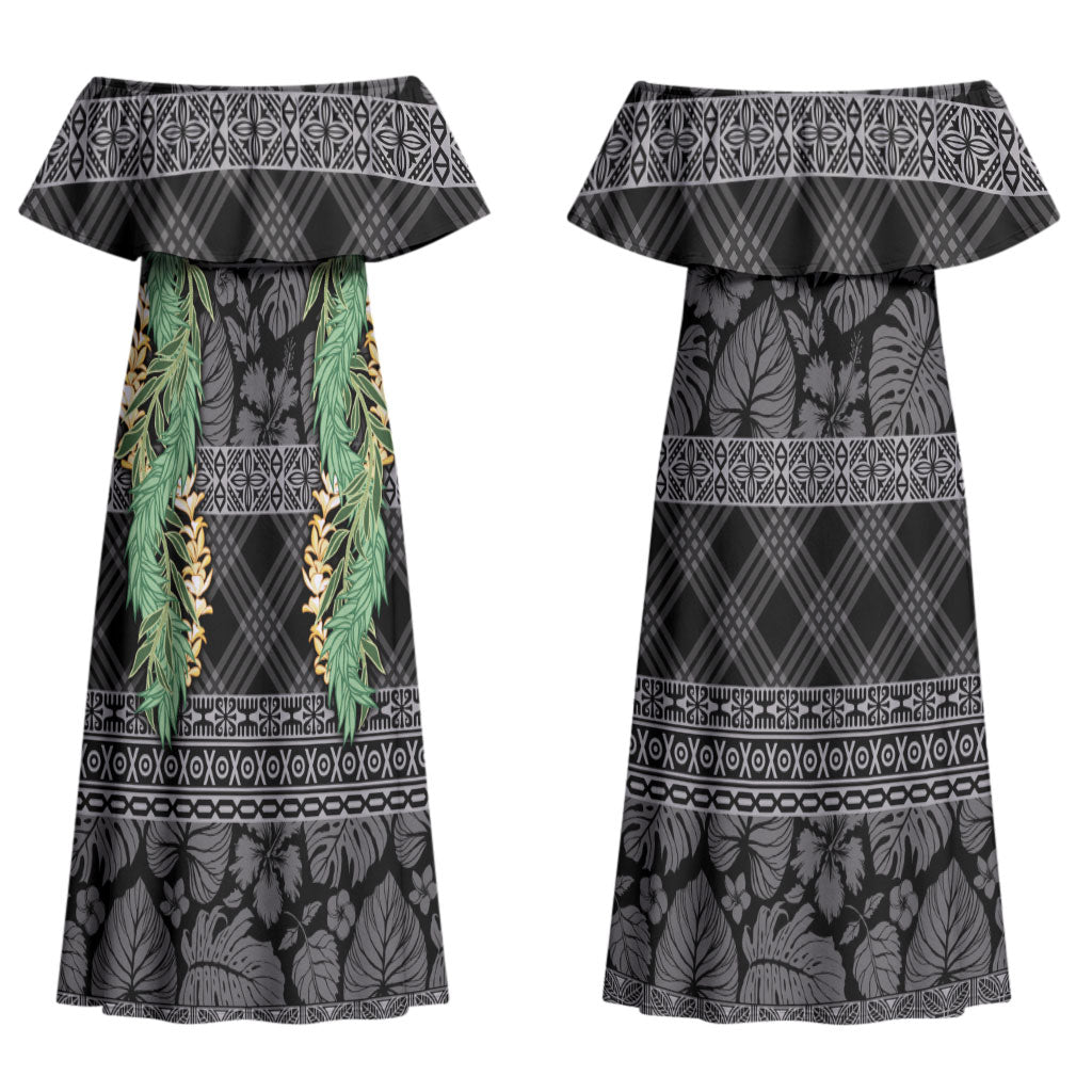 Hawai'i Paniolo Maile Twisted Lei Couples Matching Off Shoulder Maxi Dress and Hawaiian Shirt Obsidian Black LT7 - Polynesian Pride