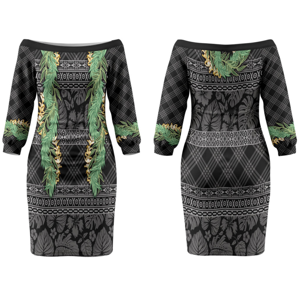 Hawai'i Paniolo Maile Twisted Lei Couples Matching Off The Shoulder Long Sleeve Dress and Long Sleeve Button Shirt Obsidian Black LT7 - Polynesian Pride
