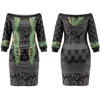 Hawai'i Paniolo Maile Twisted Lei Couples Matching Off The Shoulder Long Sleeve Dress and Long Sleeve Button Shirt Obsidian Black LT7 - Polynesian Pride