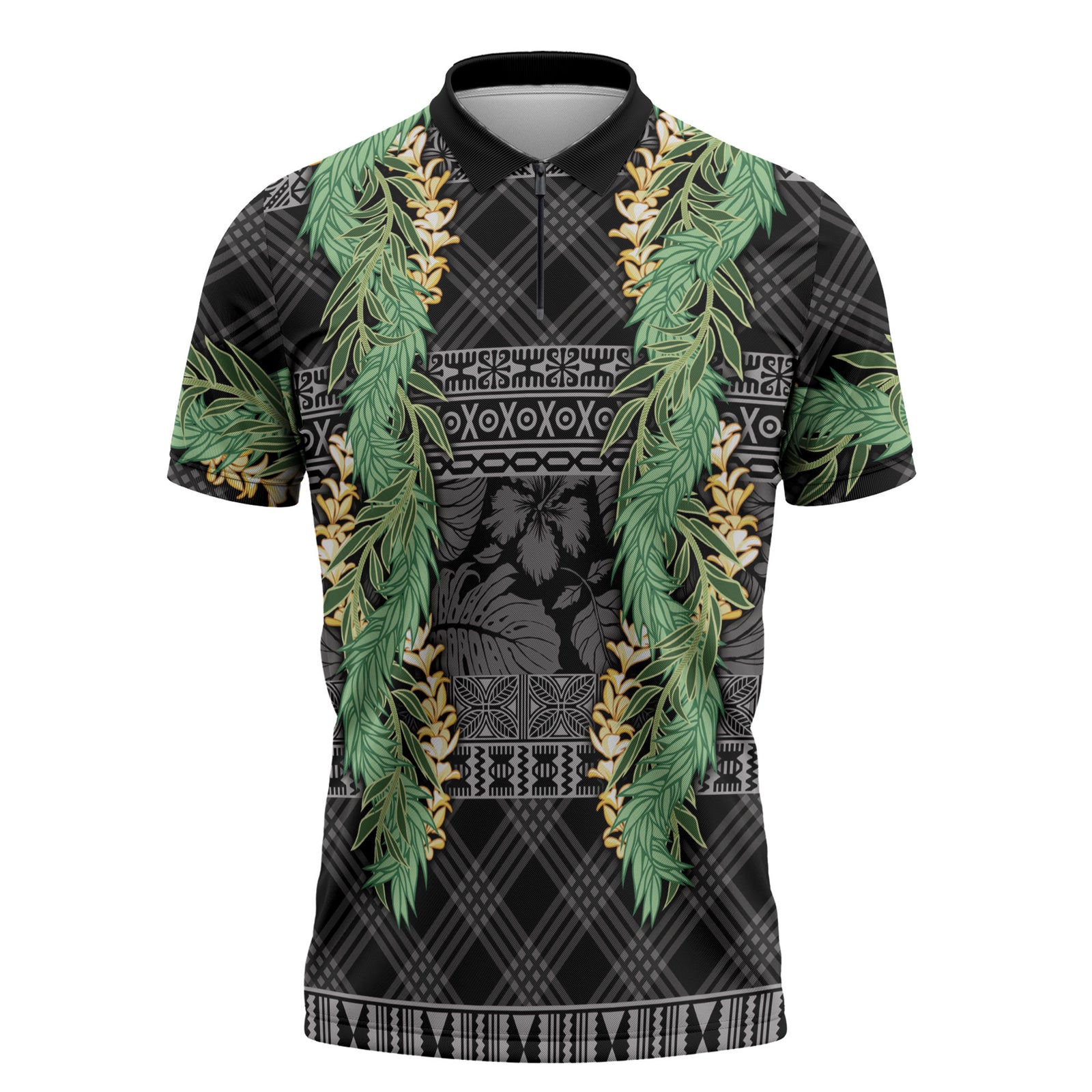 Hawai'i Paniolo Maile Twisted Lei Zipper Polo Shirt Obsidian Black LT7 Black - Polynesian Pride