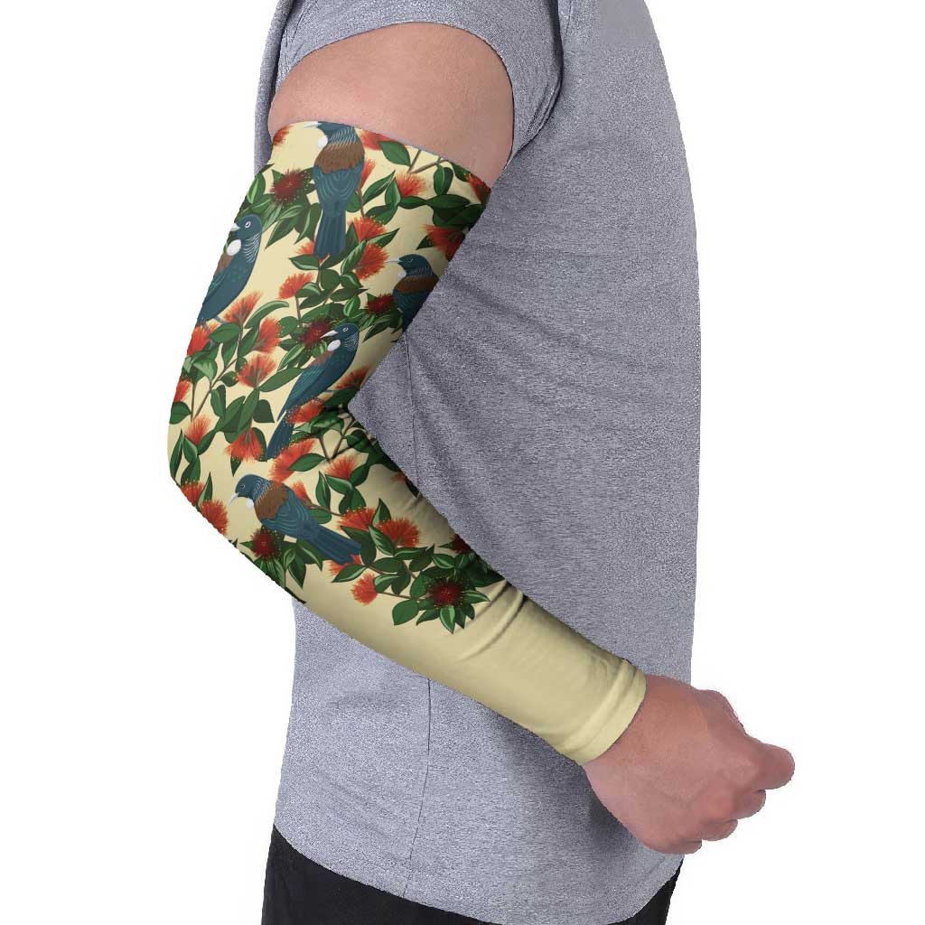 New Zealand Christmas Arm Sleeves Romantic Tui Birds on Pohutukawa - Ivory - Polynesian Pride
