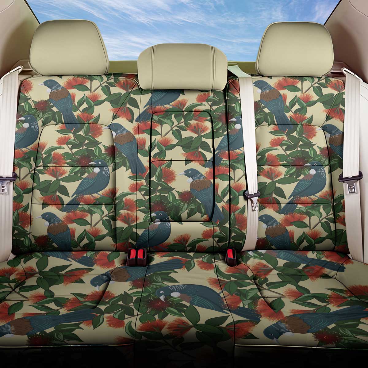 New Zealand Christmas Back Car Seat Cover Romantic Tui Birds on Pohutukawa - Ivory LT7 One Size Ivory - Polynesian Pride