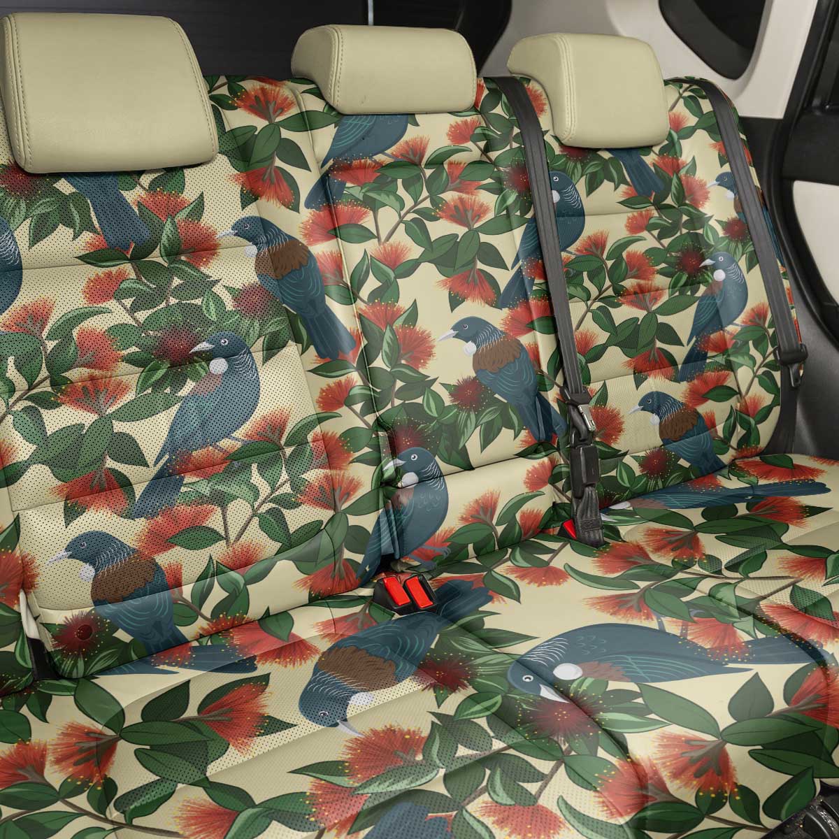 New Zealand Christmas Back Car Seat Cover Romantic Tui Birds on Pohutukawa - Ivory LT7 - Polynesian Pride