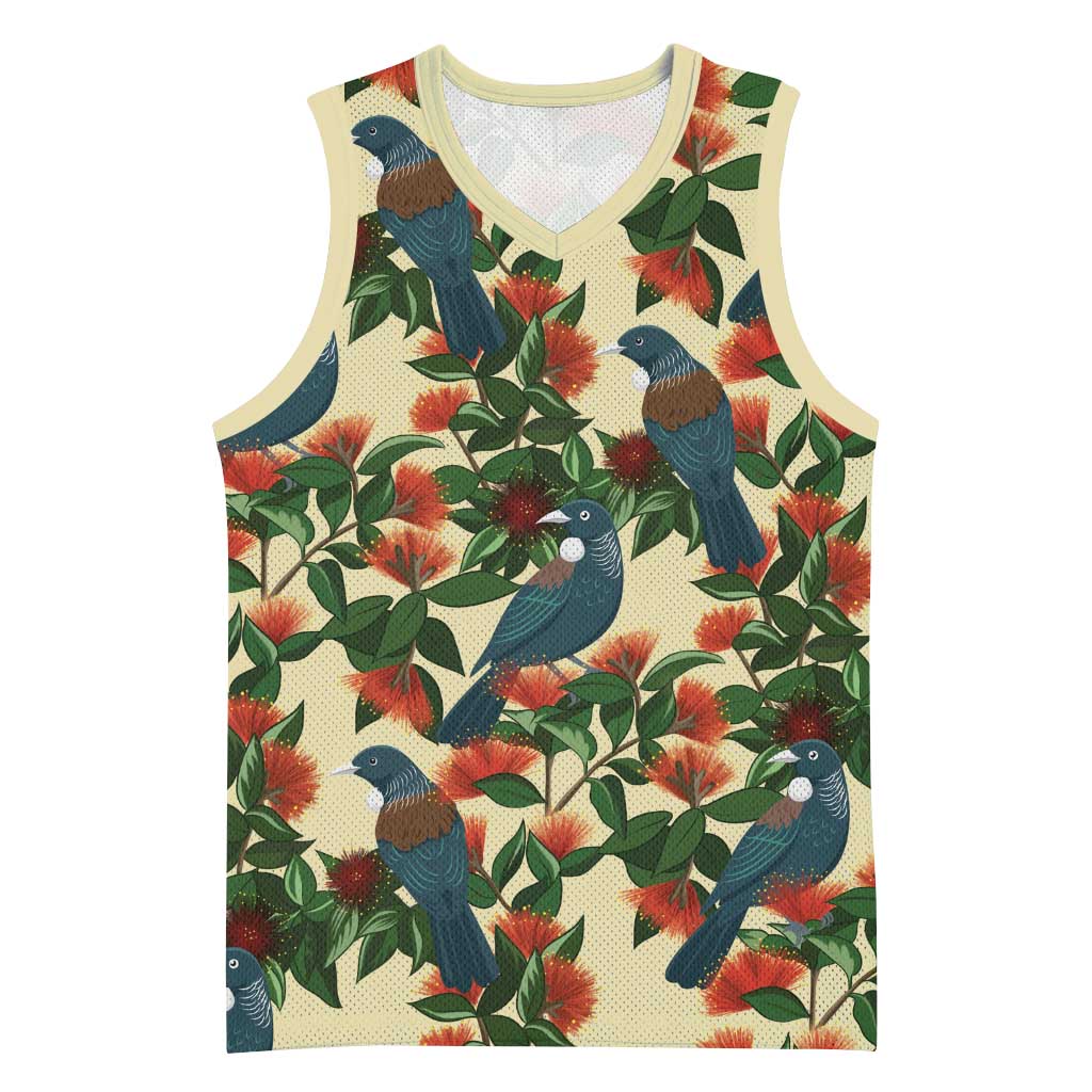 New Zealand Christmas Basketball Jersey Romantic Tui Birds on Pohutukawa - Ivory LT7 Unisex Ivory - Polynesian Pride