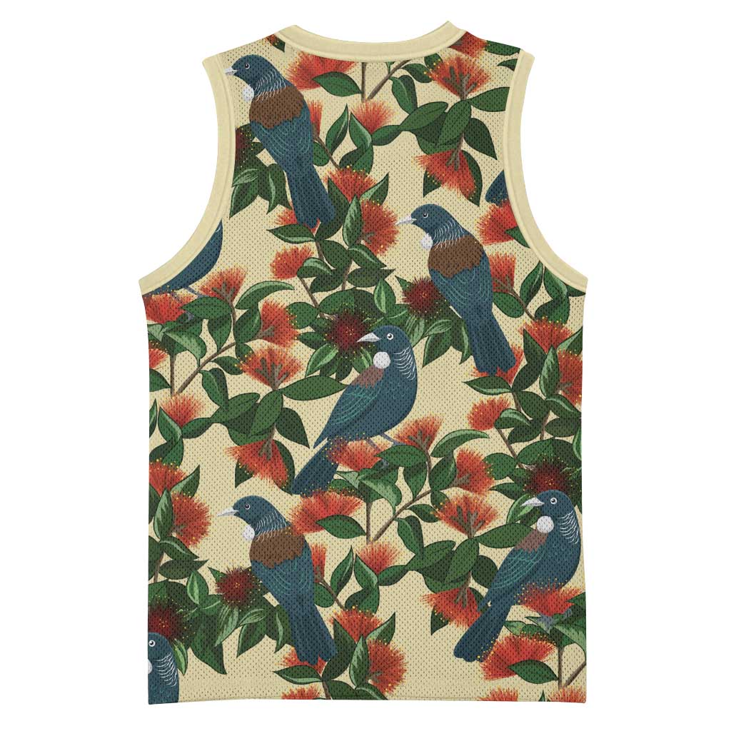New Zealand Christmas Basketball Jersey Romantic Tui Birds on Pohutukawa - Ivory LT7 - Polynesian Pride