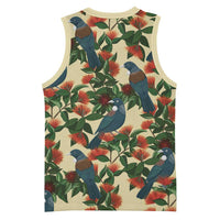 New Zealand Christmas Basketball Jersey Romantic Tui Birds on Pohutukawa - Ivory LT7 - Polynesian Pride