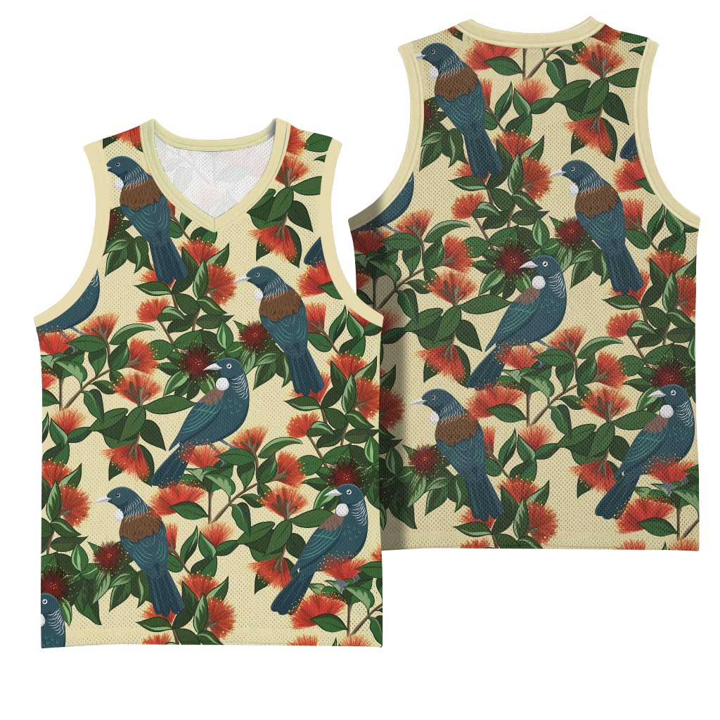 New Zealand Christmas Basketball Jersey Romantic Tui Birds on Pohutukawa - Ivory LT7 - Polynesian Pride