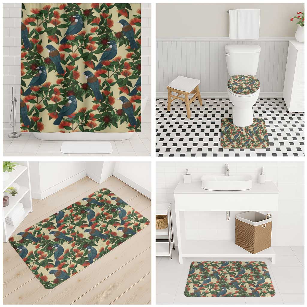 New Zealand Christmas Bathroom Set Romantic Tui Birds on Pohutukawa - Ivory - Polynesian Pride