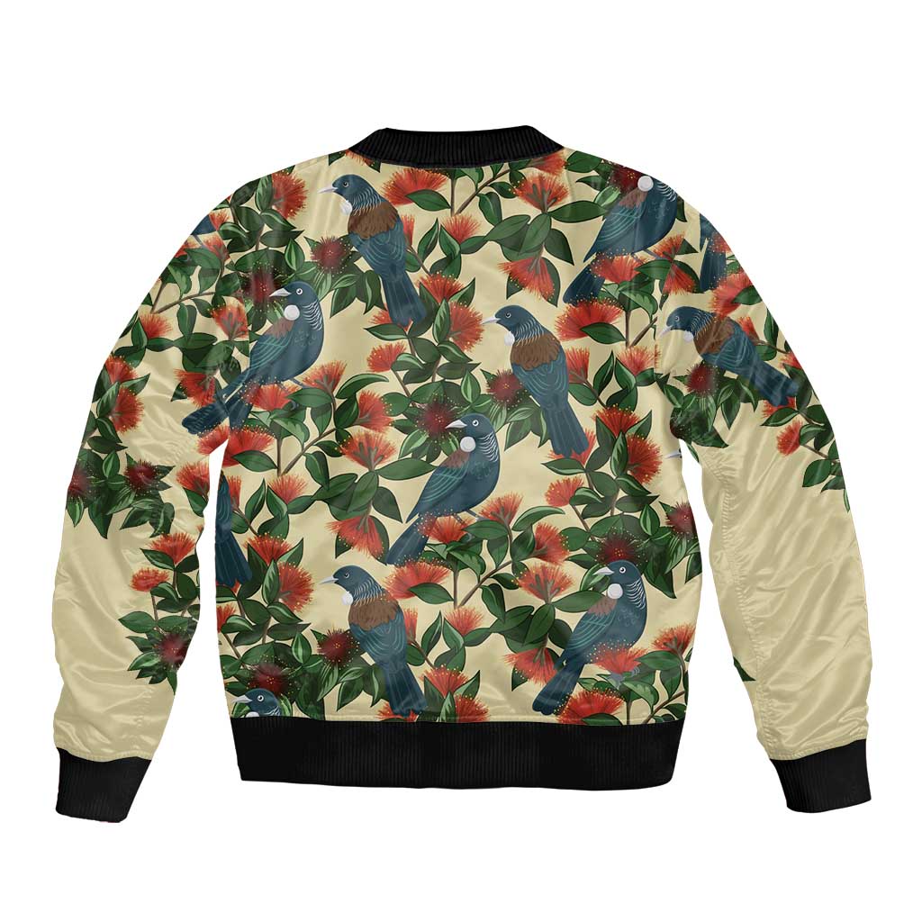 New Zealand Christmas Bomber Jacket Romantic Tui Birds on Pohutukawa - Ivory - Polynesian Pride