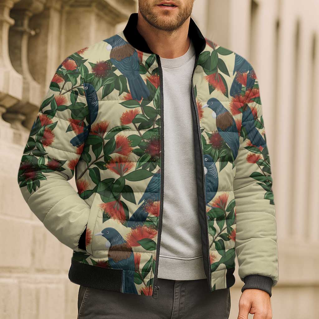 New Zealand Christmas Bomber Puffer Jacket Romantic Tui Birds on Pohutukawa - Ivory - Polynesian Pride