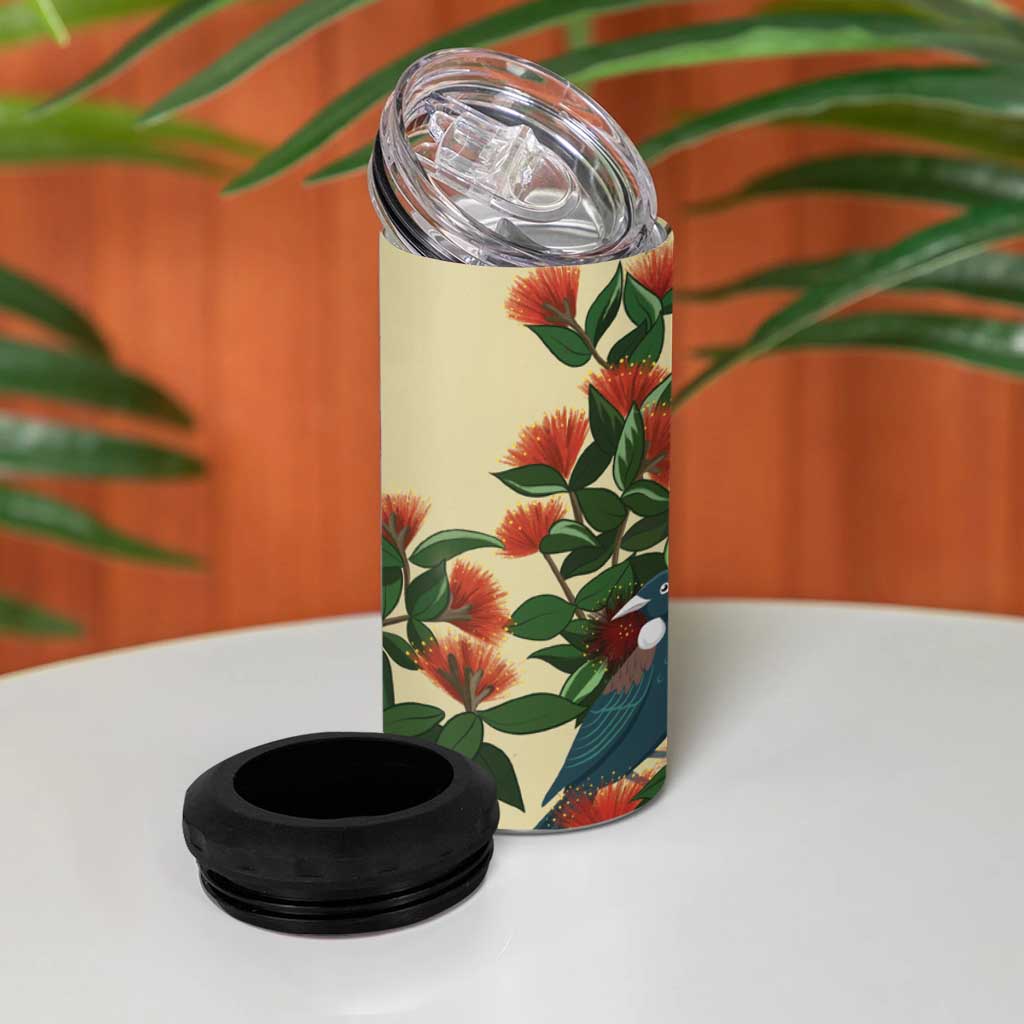 New Zealand Christmas 4 in 1 Can Cooler Tumbler Romantic Tui Birds on Pohutukawa - Ivory LT7 - Polynesian Pride