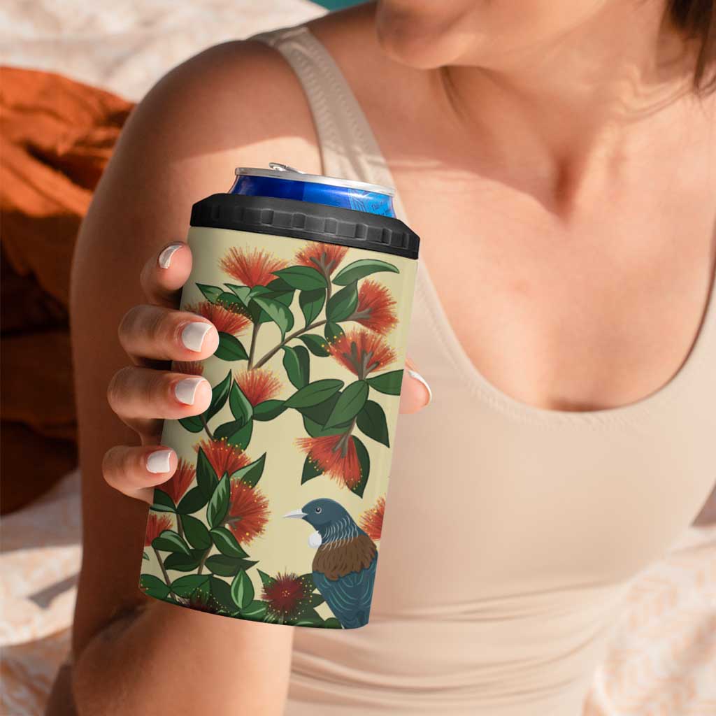 New Zealand Christmas 4 in 1 Can Cooler Tumbler Romantic Tui Birds on Pohutukawa - Ivory LT7 - Polynesian Pride