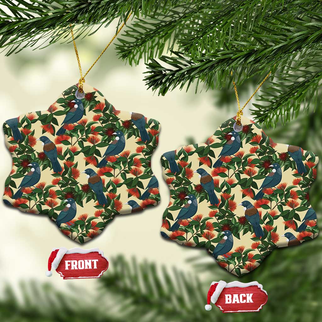 New Zealand Christmas Ceramic Ornament Romantic Tui Birds on Pohutukawa - Ivory - Polynesian Pride