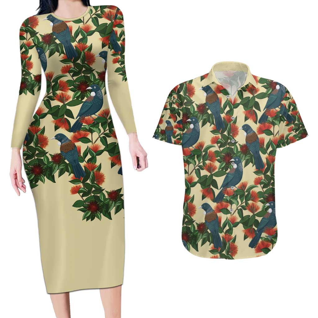 New Zealand Christmas Couples Matching Long Sleeve Bodycon Dress and Hawaiian Shirt Romantic Tui Birds on Pohutukawa - Ivory LT7 Ivory - Polynesian Pride