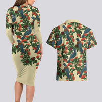 New Zealand Christmas Couples Matching Long Sleeve Bodycon Dress and Hawaiian Shirt Romantic Tui Birds on Pohutukawa - Ivory LT7 - Polynesian Pride