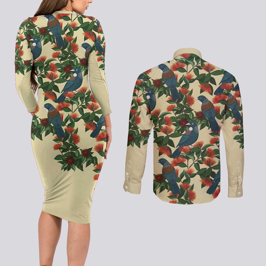 New Zealand Christmas Couples Matching Long Sleeve Bodycon Dress and Long Sleeve Button Shirt Romantic Tui Birds on Pohutukawa - Ivory LT7 - Polynesian Pride