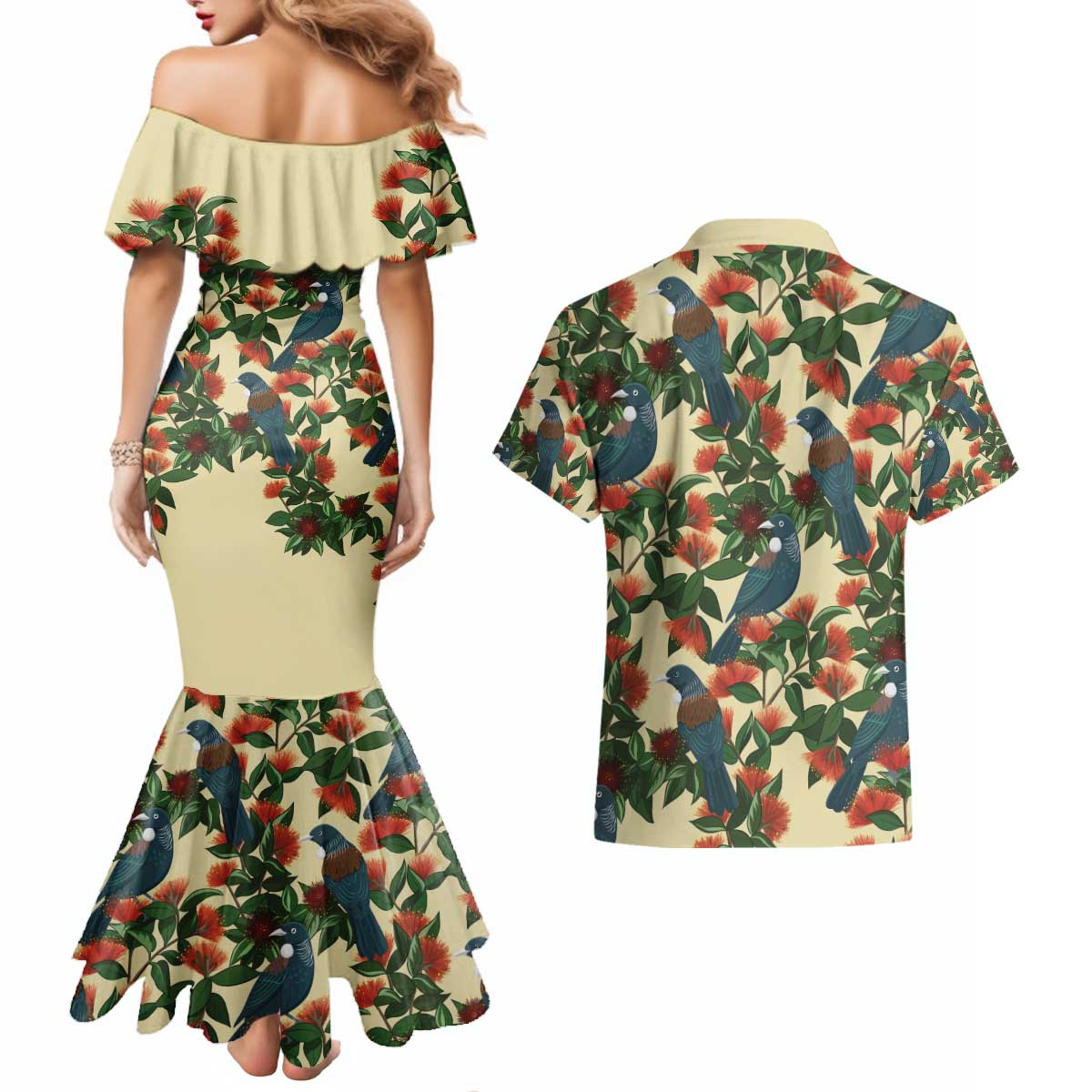 New Zealand Christmas Couples Matching Mermaid Dress and Hawaiian Shirt Romantic Tui Birds on Pohutukawa - Ivory LT7 - Polynesian Pride