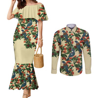 New Zealand Christmas Couples Matching Mermaid Dress and Long Sleeve Button Shirt Romantic Tui Birds on Pohutukawa - Ivory LT7 Ivory - Polynesian Pride