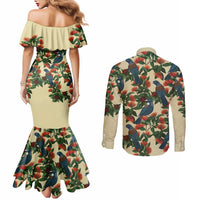 New Zealand Christmas Couples Matching Mermaid Dress and Long Sleeve Button Shirt Romantic Tui Birds on Pohutukawa - Ivory LT7 - Polynesian Pride